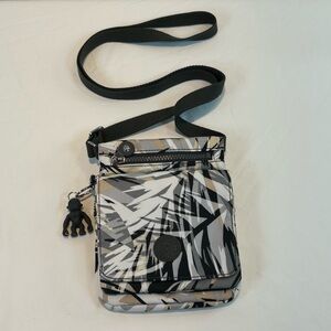 Kipling New Eldorado crossbody Bag with Sven Monkey Grey Black White Leaf Print